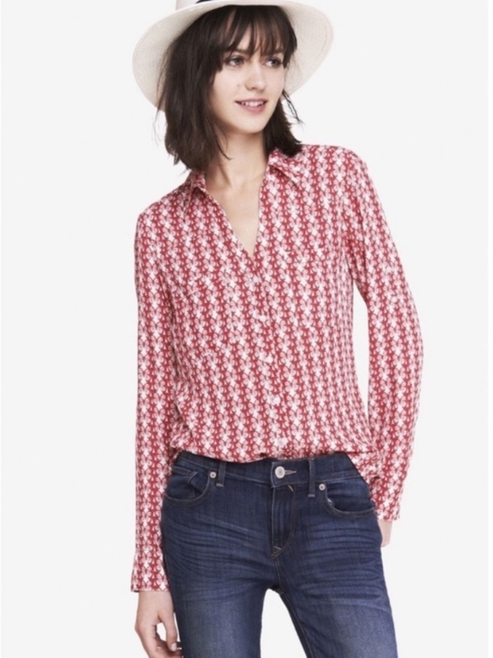 Express Portofino Shirt- Size M- Red White Butterfly Print Button Down